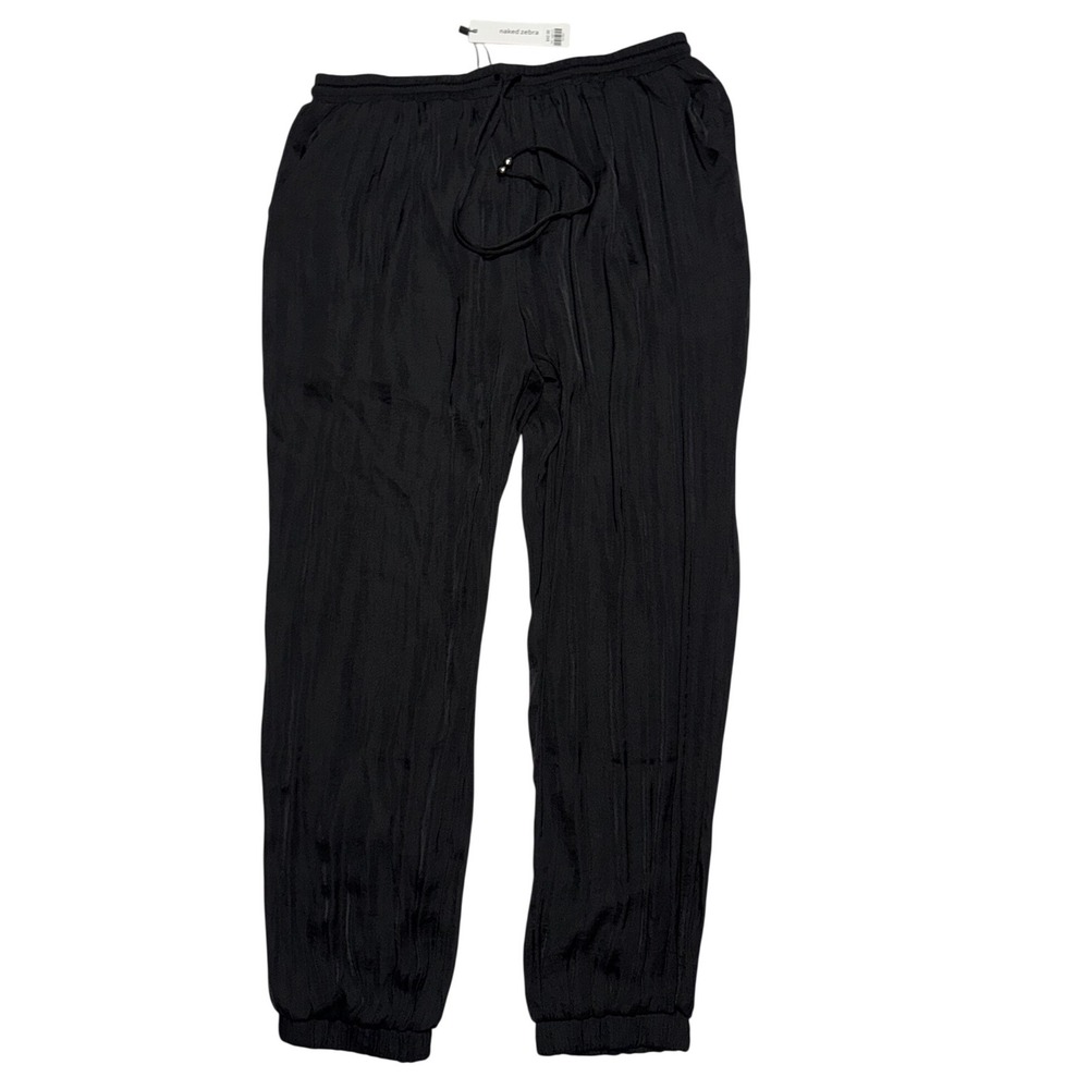Naked Zebra Womens Satin Joggers Black Drawstring Elastic Cuff Pants Large NEW